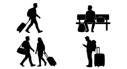 Travel silhouettes set with people walking, sitting on bench and using phone with luggage for airport or station themes © Shorna