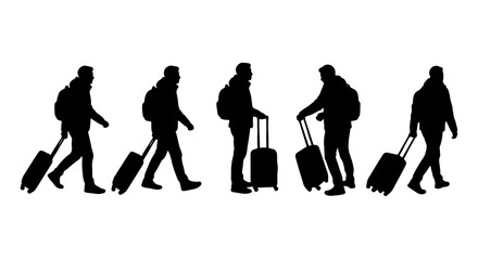 Traveler silhouettes set with people walking with luggage and backpacks for airport or journey themes © Shorna