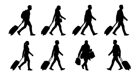 Traveler silhouettes set with people walking with suitcases and bags for airport or travel themes © Shorna
