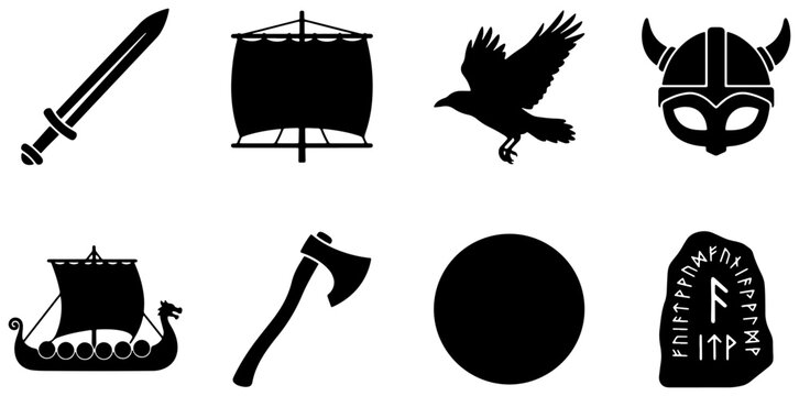 Viking silhouettes set with sword, longship, axe, helmet, raven and rune stone for history or culture designs