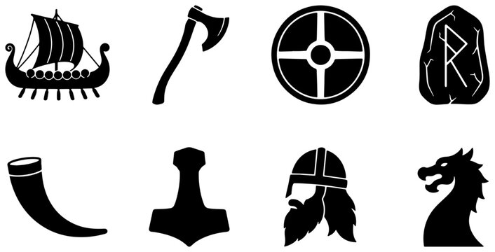 Viking tools and symbols silhouettes set with ship, axe, shield, rune stone, horn, hammer, helmet and dragon for Norse culture