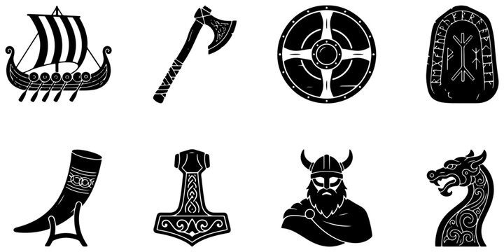 Viking silhouettes set with longship, axe, shield, rune stone, horn, hammer, warrior and dragon head for history or mythology themes
