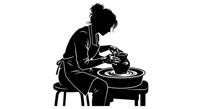 Pottery artist silhouette shaping clay jar on wheel for craft and hobby design