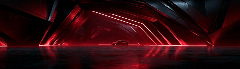 Fototapeta premium Futuristic Dark Tunnel with Glowing Red Neon Lines and Sleek Reflections