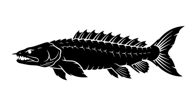Prehistoric bichir fish silhouette with sharp teeth and fins for logo or tattoo