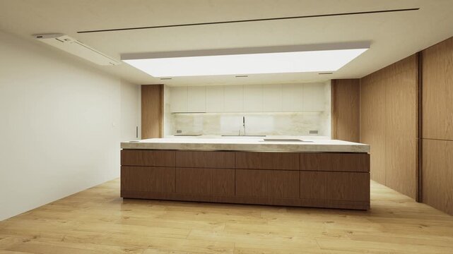 Modern Minimalist Kitchen Interior with Wooden Island, 3D Render