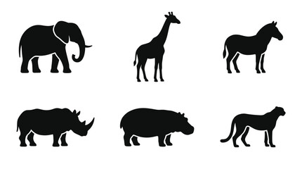 Fototapeta premium Collection of African Wildlife Silhouettes Including Elephant Giraffe Zebra Rhinoceros Hippopotamus and Cheetah