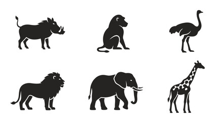 Obraz premium Collection of African Wildlife Silhouettes Including Lion Elephant Giraffe Ostrich Baboon and Warthog