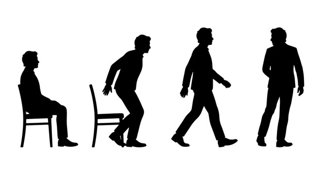 Man silhouettes set showing sitting, standing, walking and interaction for business or lifestyle concepts