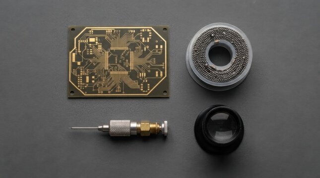 Semiconductor substrate assembly tools including organic panel, solder ball reel, underfill dispenser, and inspection loupe on a matte gray surface.