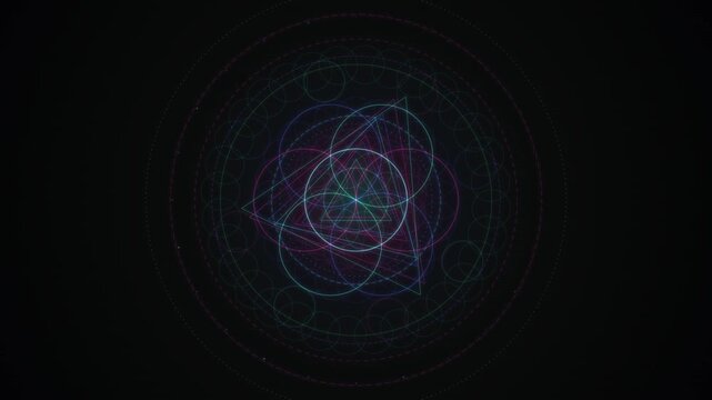 Neon geometric lines form a glowing mandala on a dark background