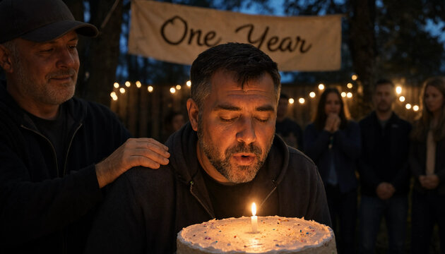 Man blowing out candle on birthday cake at outdoor night celebration with friends and one year banner