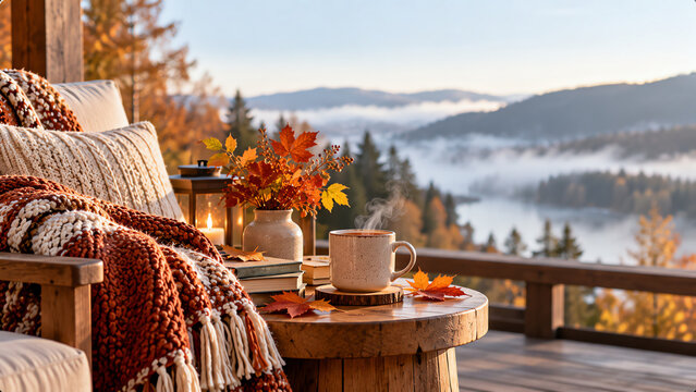 Cozy autumn terrace with hot coffee, knitted blanket, and lantern overlooking a misty mountain lake and forest landscape at sunrise