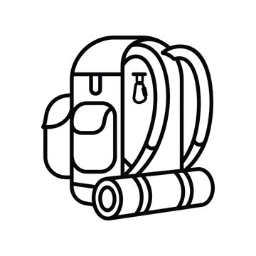 Camping backpack with bedroll icon for hiking travel journey.