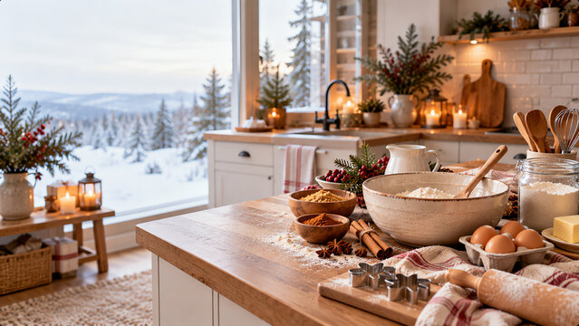 Cozy kitchen countertop with baking ingredients, flour, eggs, and rolling pin, overlooking a snowy winter forest landscape through a large window