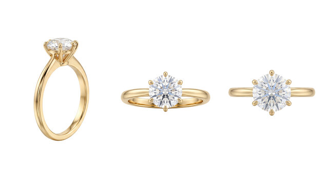 Classic gold ring with solitaire diamond shown from three perspectives isolated on transparent background