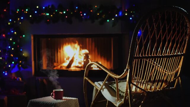 Cozy winter evening scene with a fireplace burning brightly, a steaming cup of tea, and a rocking chair, surrounded by festive Christmas lights and decorations creating a peaceful and warm atmosphere.