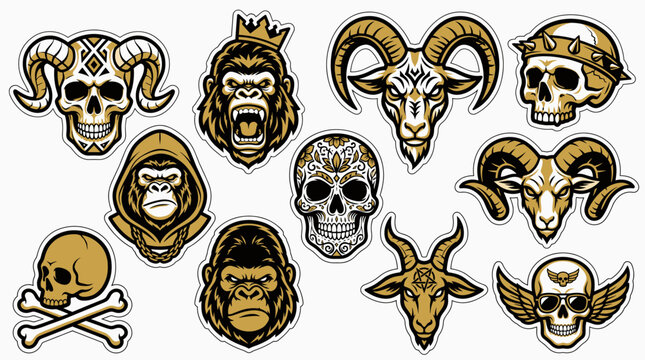 Bold skull and horned animal tattoo stickers.