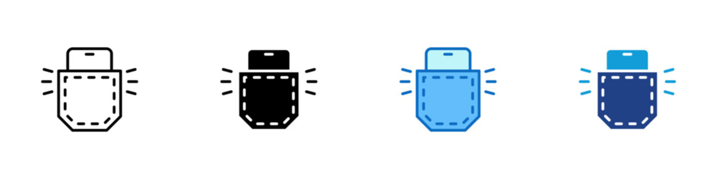 Phantom Vibration Multiple Style Icon Design Vector - Phone in pocket with vibration lines representing phantom vibration syndrome, phone notification anxiety, and imagined buzz sensation