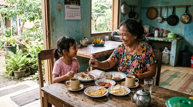 Authentic Indonesian family life showing people of all ages enjoying simple breakfasts together, sharing homemade food, warm drinks, conversations, and meaningful moments at home.