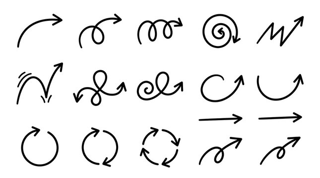 Set of various artistic hand drawn arrows and squiggles with collection direction navigation isolated background pointing indicator business movement creative