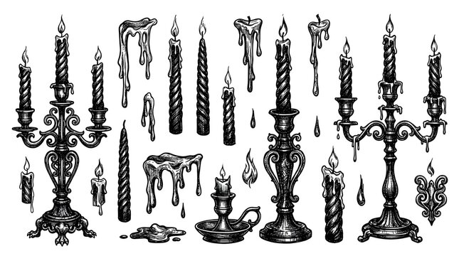 Vintage Candles and Candelabra Set &ndash; Hand Drawn Engraving Style Vector Illustration