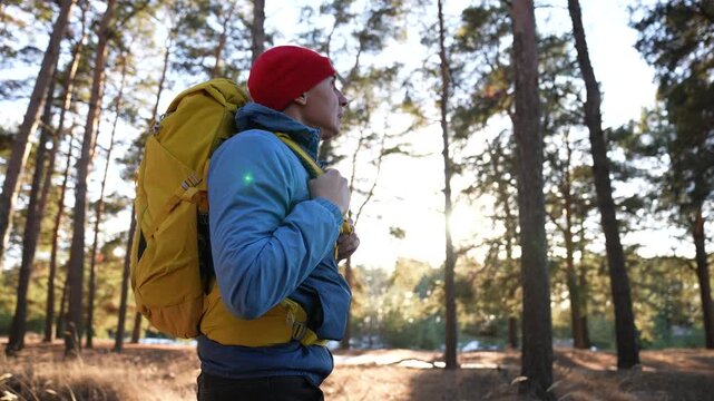 Hiker walking through sunny forest. Active hiker wears yellow backpack. Outdoor trekking adventure begins. Walking farther into nature. Forest travel brings fresh air. Backpack carries camp gear.