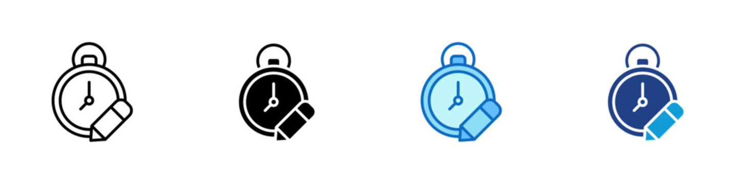 Time Schedule Editing Multiple Style Icon Design Vector - Stopwatch with pencil representing time tracking editing, timer settings revision, and schedule adjustment drafting for productivity