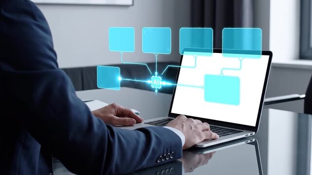 Businessman using laptop with futuristic AI interface and holographic flowchart for future of work and workplace automation concepts