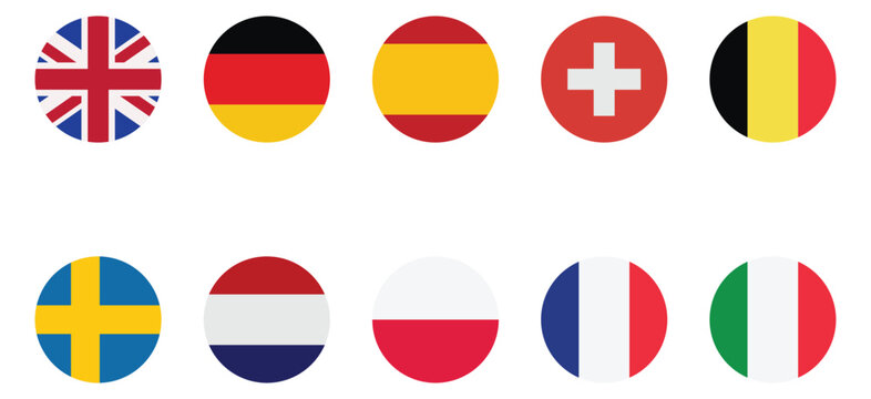 European country flag icon set featuring United Kingdom, Germany, Spain, Switzerland, Belgium, Sweden, Netherlands, Poland, France, and Italy, vector illustration isolated on white background
