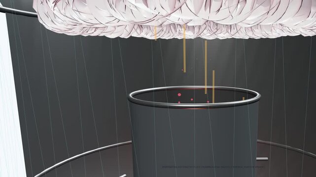 3D animation of a fluid bed coating process in pharmaceutical manufacturing, demonstrating micro-atomization of polymer droplets and formation of an enteric barrier film on solid dosage forms