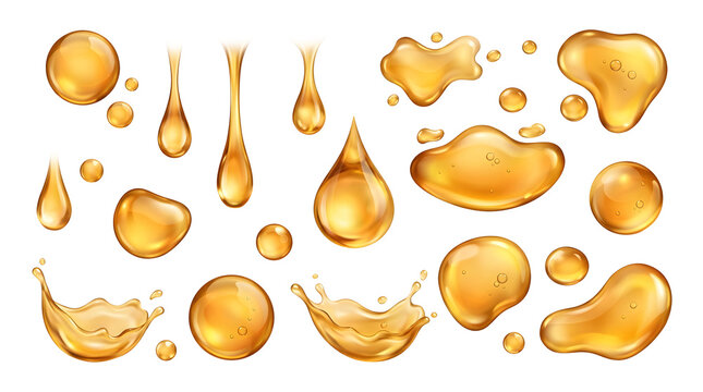 Golden liquid oil drops splashes and puddles realistic set isolated on transparent PNG background illustration