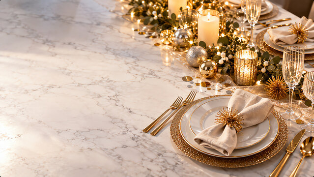 Holiday table setting with white marble surface, gold cutlery, lit candles, and festive greenery centerpiece for christmas dinner