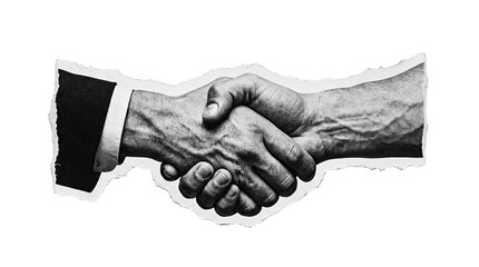 Vintage newspaper cutout of two businessmen shaking hands in grayscale on transparent background © we.bond.png
