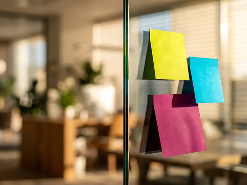 Three bright colored sticky notes on transparent glass in a blurred corporate office setting for brainstorming and planning