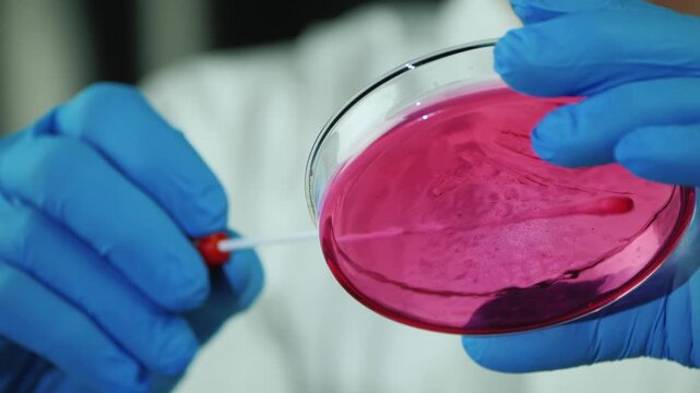 Laboratory researcher spreading sample on pink agar medium in petri dish using sterile swab for medical testing.