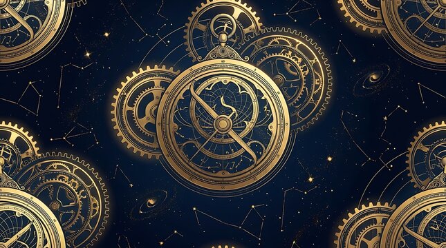 Golden mechanical gears rotate through a celestial cosmos map featuring starry constellations and planetary orbits to represent historical scientific navigation tools combined with intricate