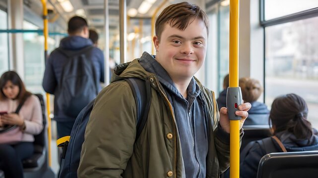 Happy young man with Down syndrome traveling independently on a public tram, representing lifestyle inclusion and accessibility