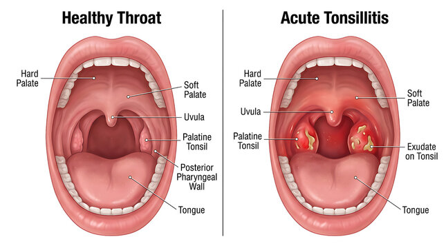 Medical anatomical comparison illustration showing the visual differences between a healthy human throat and one affected by acute tonsillitis infection