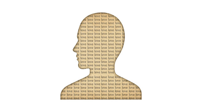 Human head silhouette filled with repeating text words showcasing emotion on transparent background