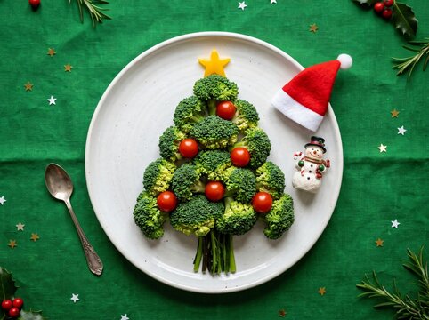 Broccoli and tomato christmas tree appetizer served on a white ceramic plate