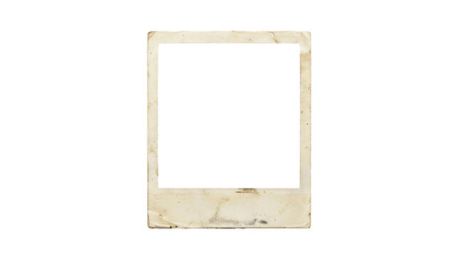Vintage distressed rectangular photo frame with aged yellow stains and worn edges on transparent background