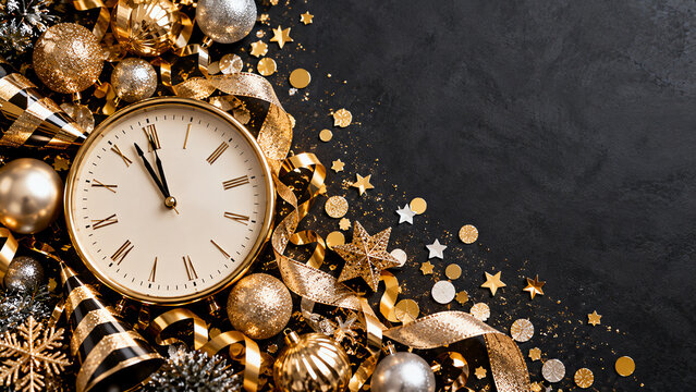New year eve clock surrounded by gold and silver christmas ornaments, party hats, and confetti stars on a dark textured background