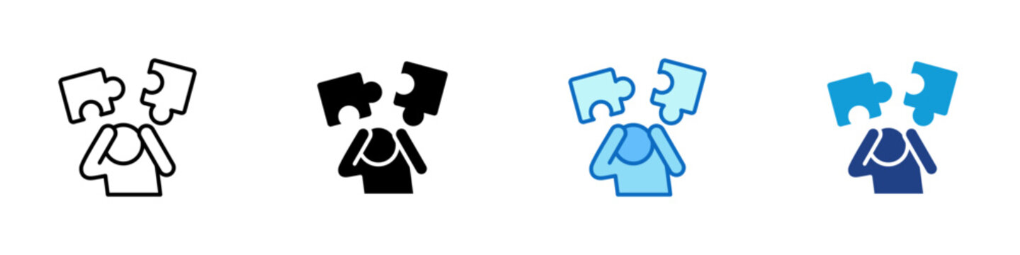 Fragmented Focus Multiple Style Icon Design Vector - Person with puzzle pieces covering face representing fragmented focus, attention disruption, and distracted mind for productivity wellness