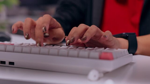 Programmer typing on mechanical keyboard at desk, focused hand with manicure and wristwatch, creating modern technology computer office work workspace with colorful lighting and visible concentration