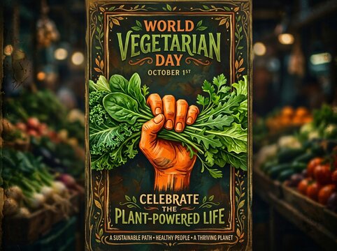 World vegetarian day illustrative poster featuring a hand holding fresh green herbs