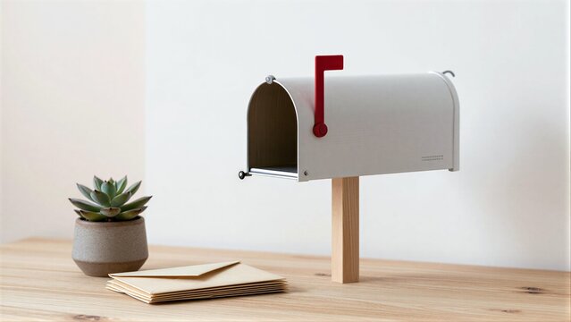 Minimalist mailbox with red flag, potted succulent and envelopes on wooden table.