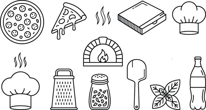 Pizza making and baking line art vector collection featuring brick oven chef hat and utensils