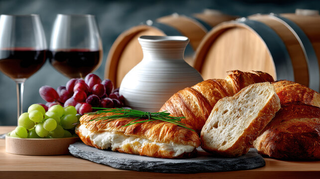 Rustic winery breakfast scene with croissant baked cheese sliced bread grapes and two glasses of red wine on a wooden table in front of oak barrels for menu or blog hero
