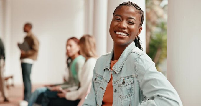 Face, campus and woman at college with smile, pride and excited for scholarship opportunity. Portrait, university and student on break for education, learning and lesson for knowledge development